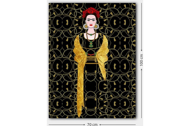 Canvas taulu 70x100 cm - Tyylitelty nainen mustaan ja kultaan pukeutuneena, hiuksissaan punainen kukka - Musta / Kulta / Punainen - Sisustustuotteet - Taulu & taide - Canvas-taulu