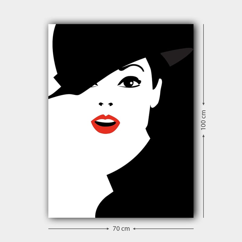 Canvas taulu 70x100 cm - Tyylitelty nainen mustalla hatulla ja punaisilla huulilla - Musta / Valkoinen / Punainen - Sisustustuotteet - Taulu & taide - Canvas-taulu