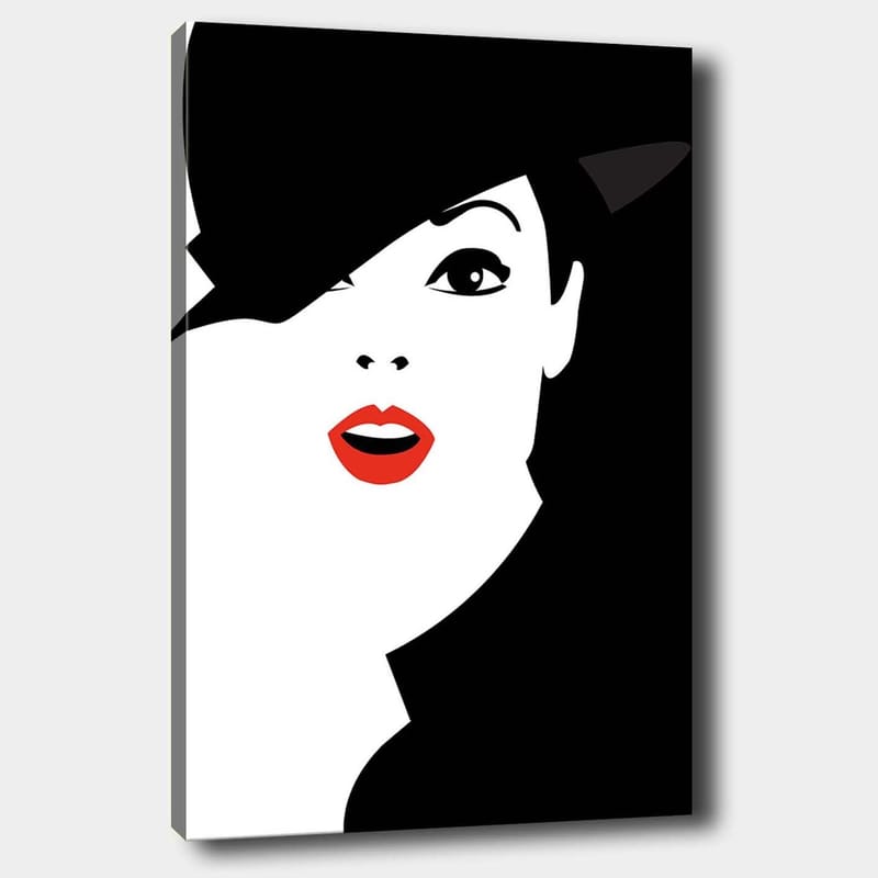 Canvas taulu 70x100 cm - Tyylitelty nainen mustalla hatulla ja punaisilla huulilla - Musta / Valkoinen / Punainen - Sisustustuotteet - Taulu & taide - Canvas-taulu
