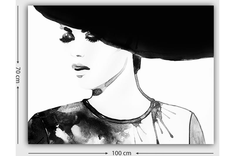 Canvas taulu 70x100 cm - Tyylitelty nainen suurella hatulla ja ilmeikkäillä kasvoilla - Musta / Valkoinen / Harmaa - Sisustustuotteet - Taulu & taide - Canvas-taulu