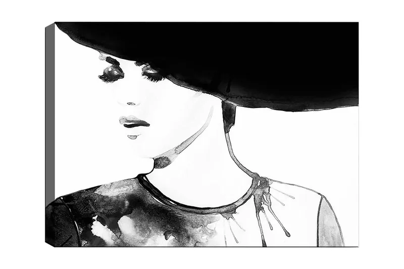 Canvas taulu 70x100 cm - Tyylitelty nainen suurella hatulla ja ilmeikkäillä kasvoilla, Musta / Valkoinen / Harmaa