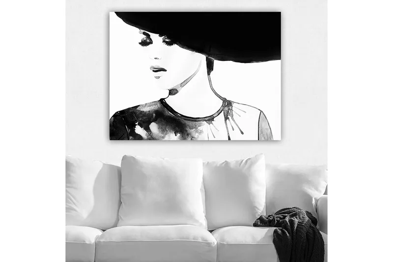 Canvas taulu 70x100 cm - Tyylitelty nainen suurella hatulla ja ilmeikkäillä kasvoilla - Musta / Valkoinen / Harmaa - Sisustustuotteet - Taulu & taide - Canvas-taulu
