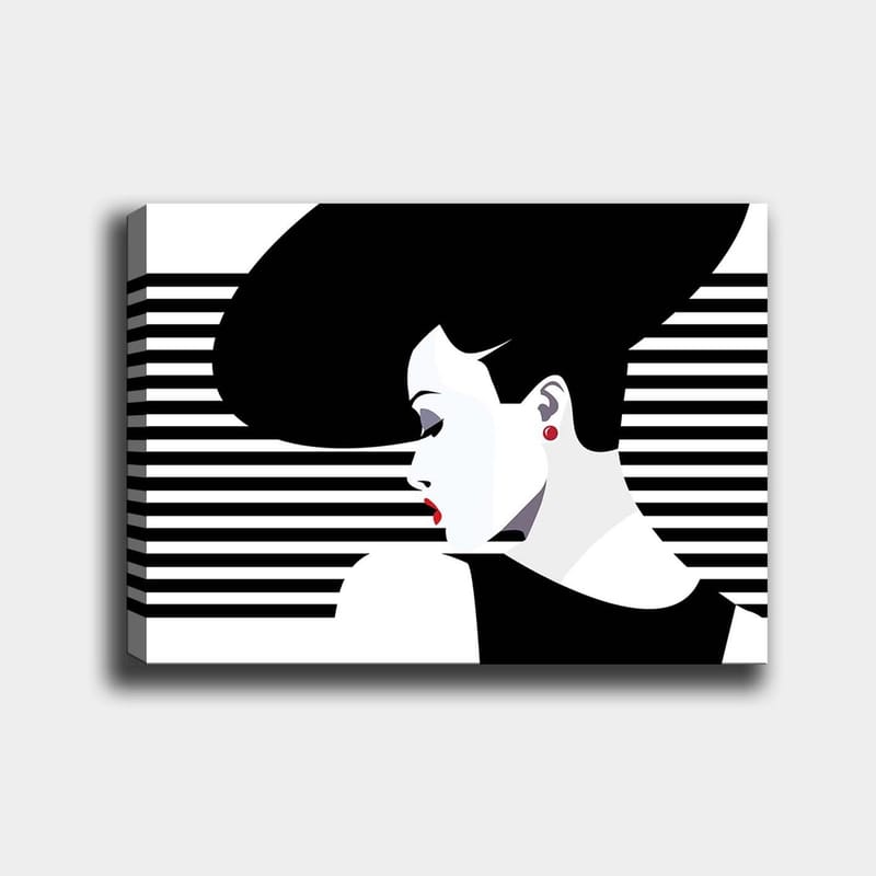 Canvas taulu 70x100 cm - Tyylitelty nainen suurella kampauksella profiilissa, mustavalkoisten raitojen ympäröimänä, Musta / Valkoinen / Punainen