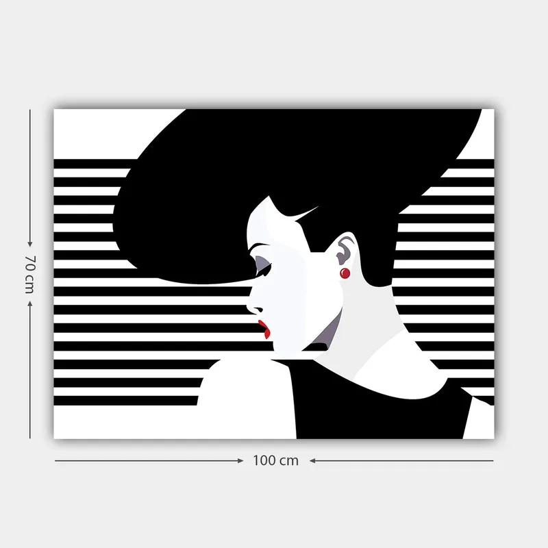 Canvas taulu 70x100 cm - Tyylitelty nainen suurella kampauksella profiilissa, mustavalkoisten raitojen ympäröimänä - Musta / Valkoinen / Punainen - Sisustustuotteet - Taulu & taide - Canvas-taulu