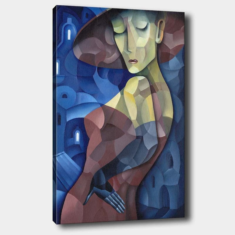 Canvas taulu 70x100 cm - Tyylitelty nainen suuressa hatussa, joka korostaa hänen eleganttia siluettiaan, Tummansininen / Punainen / Vihreä