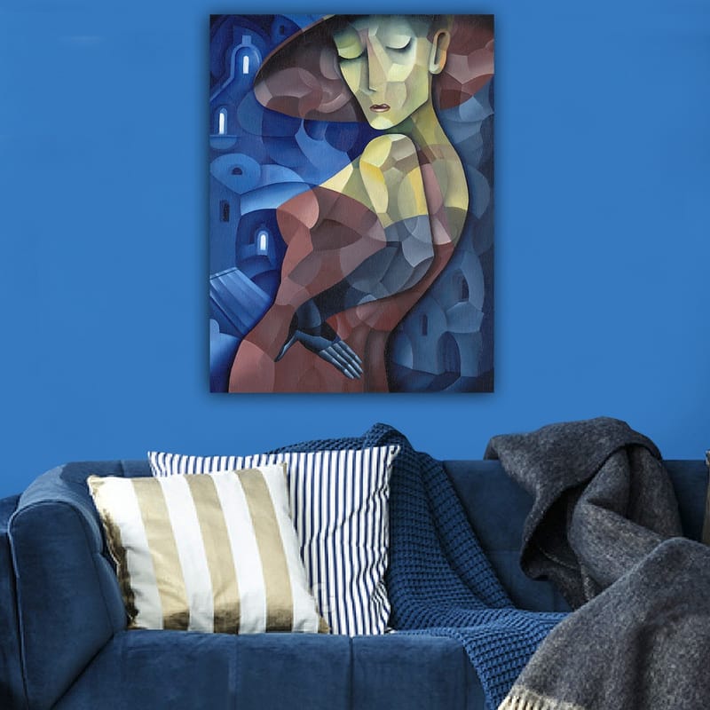 Canvas taulu 70x100 cm - Tyylitelty nainen suuressa hatussa, joka korostaa hänen eleganttia siluettiaan - Tummansininen / Punainen / Vihreä - Sisustustuotteet - Taulu & taide - Canvas-taulu