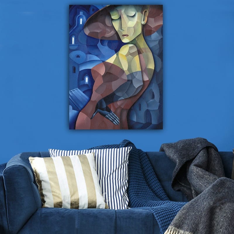 Canvas taulu 70x100 cm - Tyylitelty nainen suuressa hatussa, joka korostaa hänen eleganttia siluettiaan - Tummansininen / Punainen / Vihreä - Sisustustuotteet - Taulu & taide - Canvas-taulu