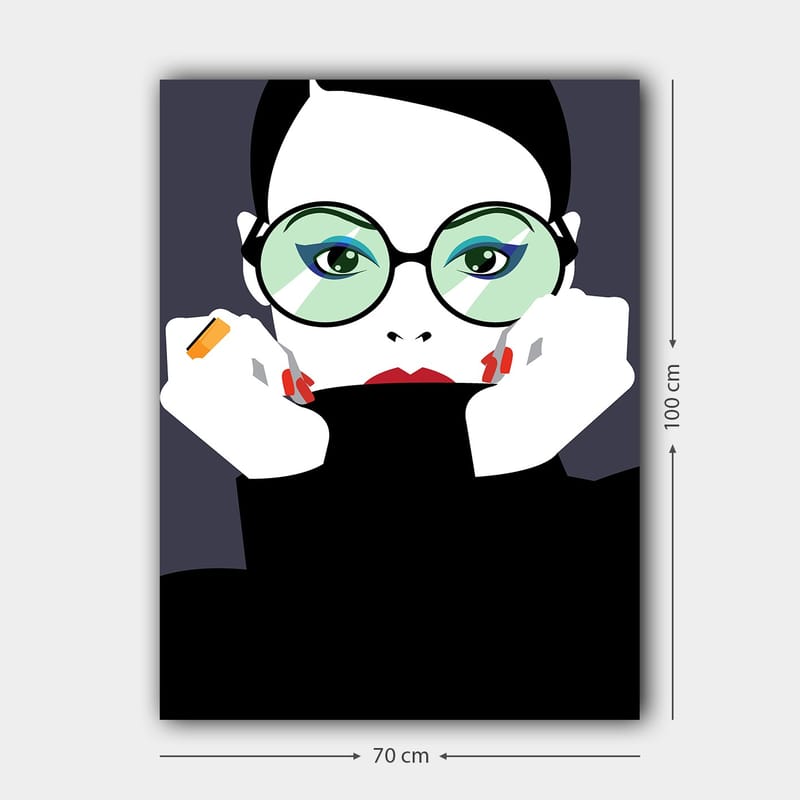Canvas taulu 70x100 cm - Tyylitelty nainen suurissa laseissa, jotka pitelevät kasvojaan - Vihreä / Musta / Punainen - Sisustustuotteet - Taulu & taide - Canvas-taulu