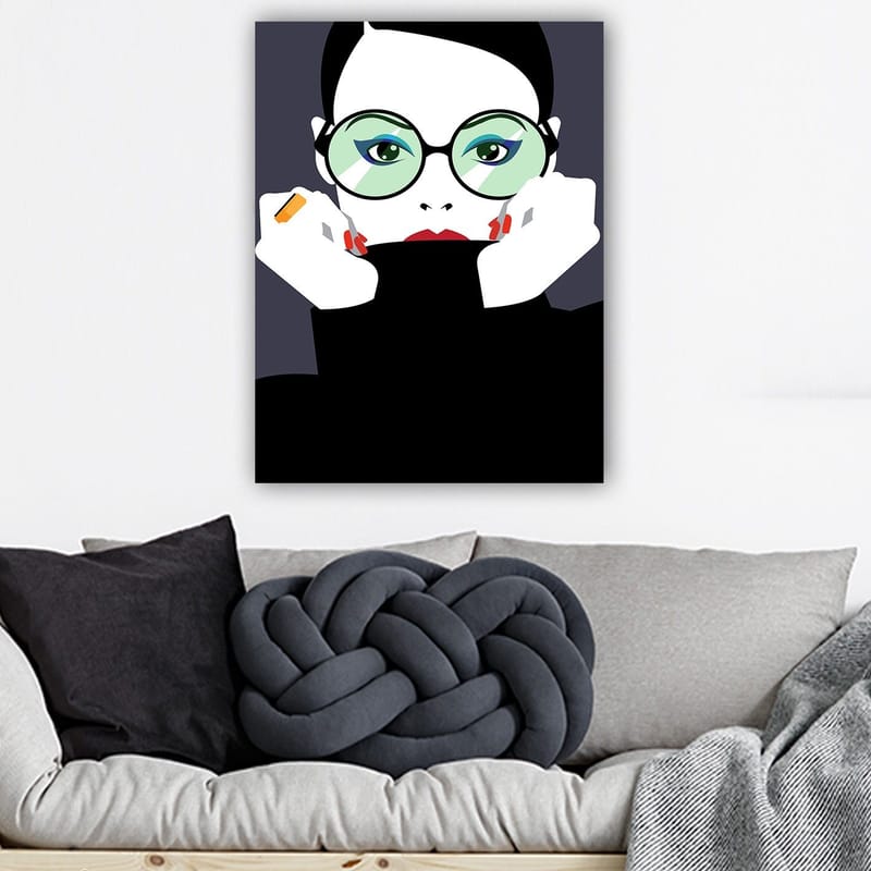 Canvas taulu 70x100 cm - Tyylitelty nainen suurissa laseissa, jotka pitelevät kasvojaan - Vihreä / Musta / Punainen - Sisustustuotteet - Taulu & taide - Canvas-taulu