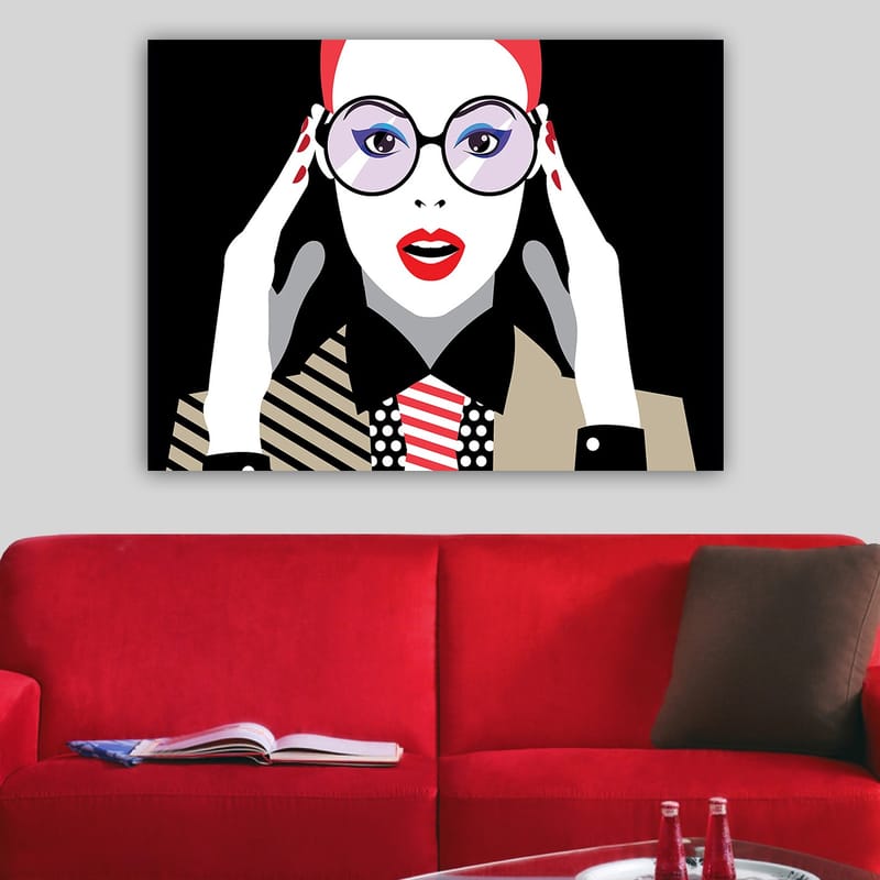 Canvas taulu 70x100 cm - Tyylitelty nainen suurissa laseissa ilmaisee yllätystä tai järkytystä - Punainen / Musta / Valkoinen - Sisustustuotteet - Taulu & taide - Canvas-taulu