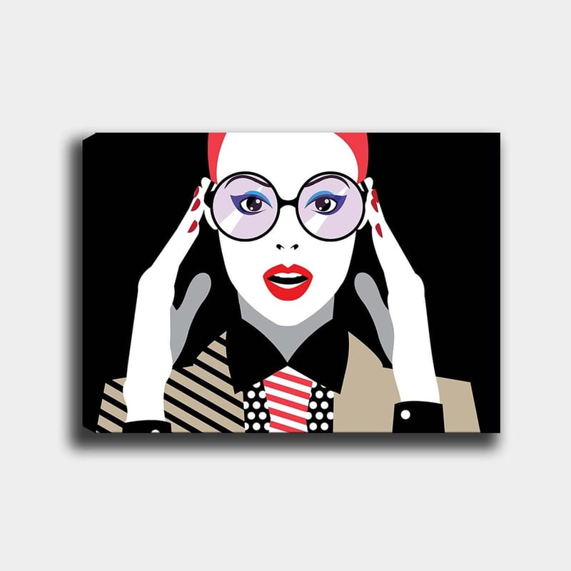 Canvas taulu 70x100 cm - Tyylitelty nainen suurissa laseissa ilmaisee yllätystä tai järkytystä, Punainen / Musta / Valkoinen