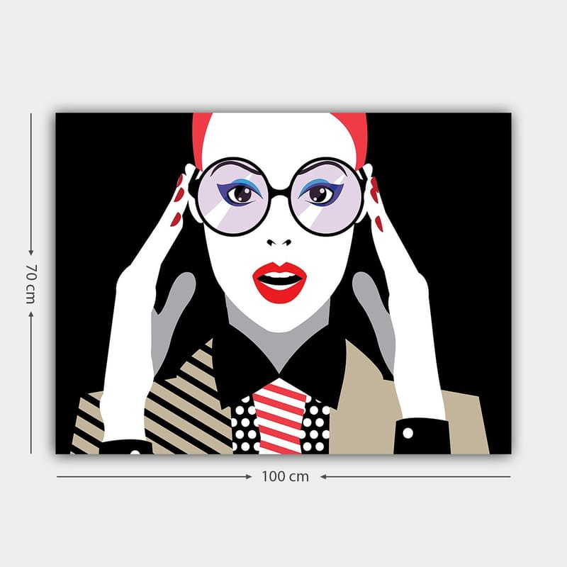 Canvas taulu 70x100 cm - Tyylitelty nainen suurissa laseissa ilmaisee yllätystä tai järkytystä - Punainen / Musta / Valkoinen - Sisustustuotteet - Taulu & taide - Canvas-taulu