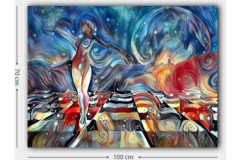 Canvas taulu 70x100 cm - Tyylitelty nainen tanssii värikkäällä tiellä huojuvien muotojen ja kuvioiden ympäröimänä - Sininen / Punainen / Valkoinen - Sisustustuotteet - Taulu & taide - Canvas-taulu