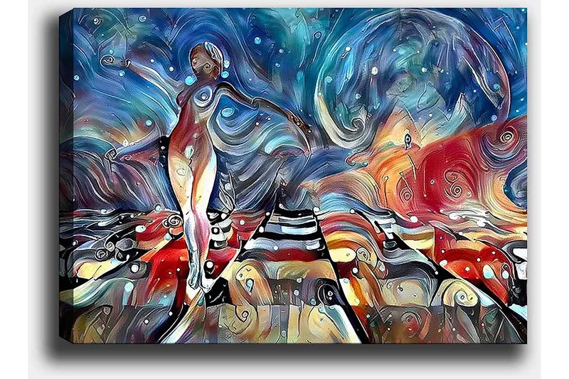 Canvas taulu 70x100 cm - Tyylitelty nainen tanssii värikkäällä tiellä huojuvien muotojen ja kuvioiden ympäröimänä - Sininen / Punainen / Valkoinen - Sisustustuotteet - Taulu & taide - Canvas-taulu