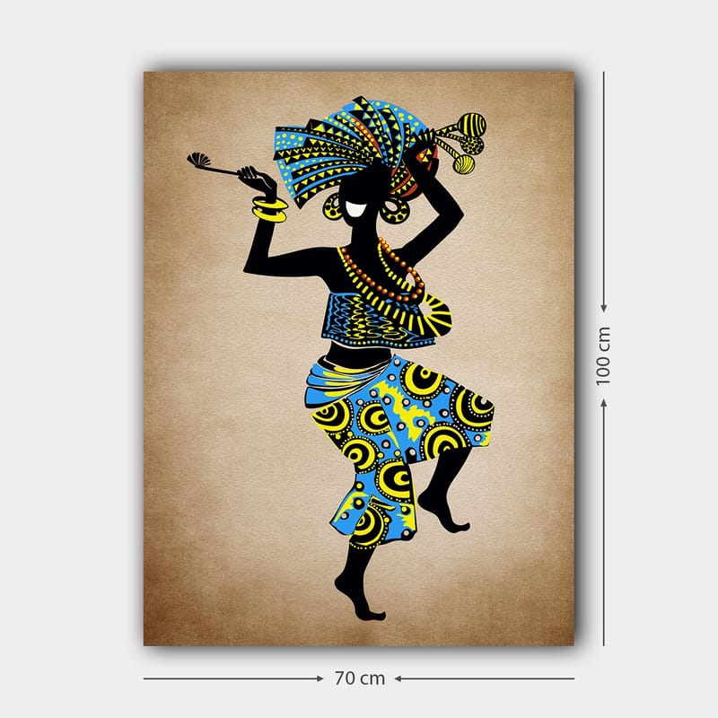 Canvas taulu 70x100 cm - Tyylitelty nainen tanssimassa värikkäässä päähineessä ja vaatteissa, kori kädessään - Sininen / Musta / Keltainen - Sisustustuotteet - Taulu & taide - Canvas-taulu
