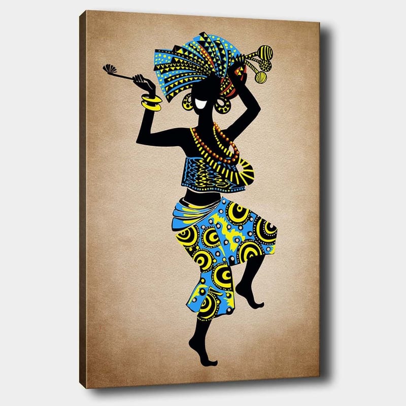 Canvas taulu 70x100 cm - Tyylitelty nainen tanssimassa värikkäässä päähineessä ja vaatteissa, kori kädessään - Sininen / Musta / Keltainen - Sisustustuotteet - Taulu & taide - Canvas-taulu