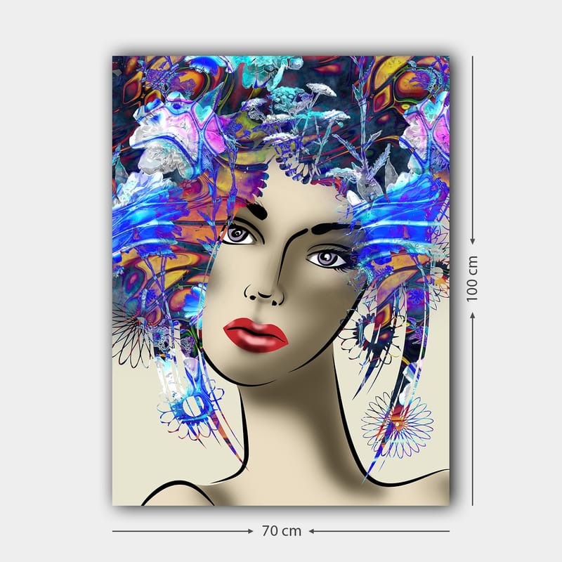 Canvas taulu 70x100 cm - Tyylitelty nainen värikkäällä kukkaseppeleellä hiuksissaan - Sininen / Punainen / Violetti - Sisustustuotteet - Taulu & taide - Canvas-taulu