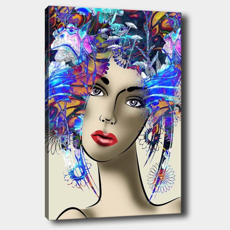 Canvas taulu 70x100 cm - Tyylitelty nainen värikkäällä kukkaseppeleellä hiuksissaan, Sininen / Punainen / Violetti