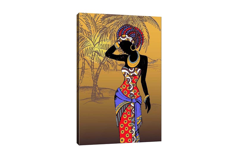 Canvas taulu 70x100 cm - Tyylitelty nainen värikkäissä vaatteissa poseeraa käsi kasvoillaan, Punainen / Sininen / Musta