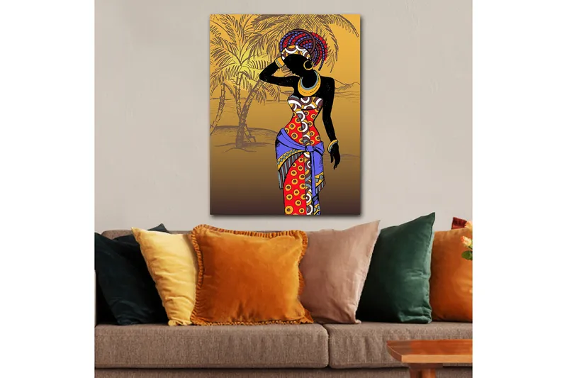 Canvas taulu 70x100 cm - Tyylitelty nainen värikkäissä vaatteissa poseeraa käsi kasvoillaan - Punainen / Sininen / Musta - Sisustustuotteet - Taulu & taide - Canvas-taulu