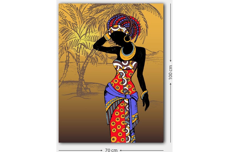 Canvas taulu 70x100 cm - Tyylitelty nainen värikkäissä vaatteissa poseeraa käsi kasvoillaan - Punainen / Sininen / Musta - Sisustustuotteet - Taulu & taide - Canvas-taulu