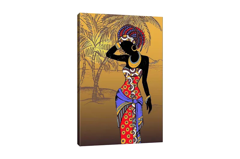 Canvas taulu 70x100 cm - Tyylitelty nainen värikkäissä vaatteissa poseeraa käsi kasvoillaan, Punainen / Sininen / Musta