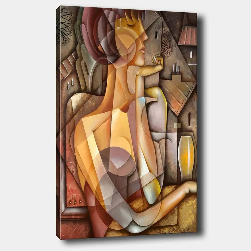 Canvas taulu 70x100 cm - Tyylitelty nainen pehmeällä ja harmonisella olemuksella abstraktissa sommitelmassa, Beige / Ruskea / Terrakotta