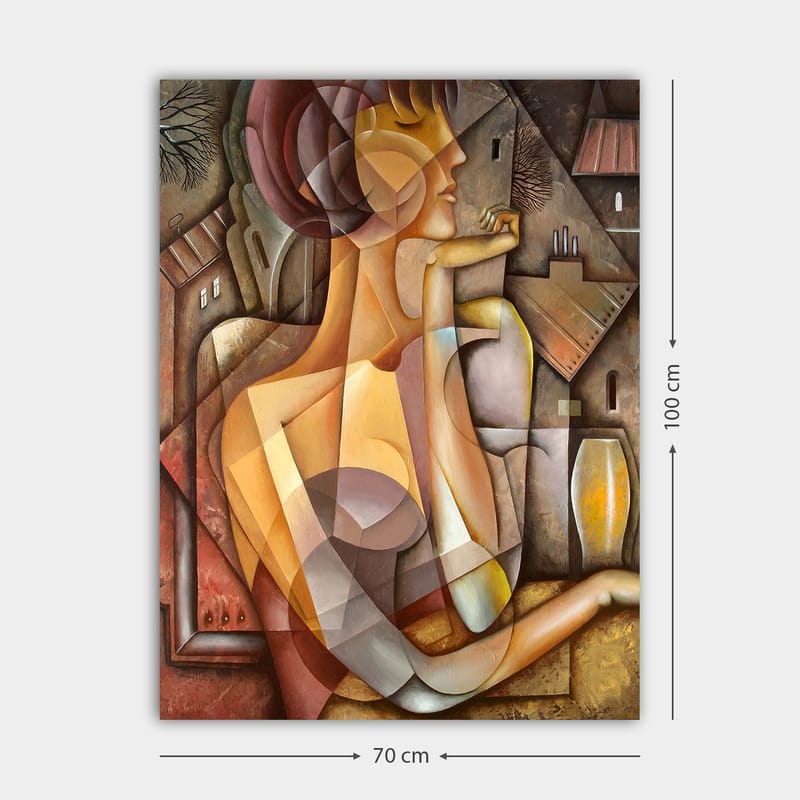 Canvas taulu 70x100 cm - Tyylitelty nainen pehmeällä ja harmonisella olemuksella abstraktissa sommitelmassa - Beige / Ruskea / Terrakotta - Sisustustuotteet - Taulu & taide - Canvas-taulu