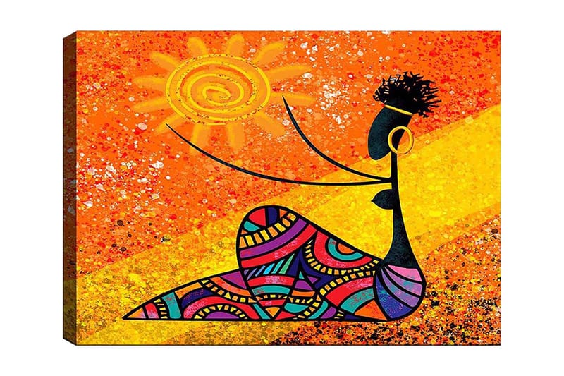 Canvas taulu 70x100 cm - Tyylitelty nainen pitelee aurinkoa kädessään värikkäiden kuvioiden ympäröimänä, Oranssi / Musta / Violetti