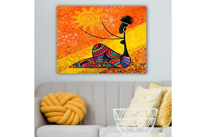 Canvas taulu 70x100 cm - Tyylitelty nainen pitelee aurinkoa kädessään värikkäiden kuvioiden ympäröimänä - Oranssi / Musta / Violetti - Sisustustuotteet - Taulu & taide - Canvas-taulu