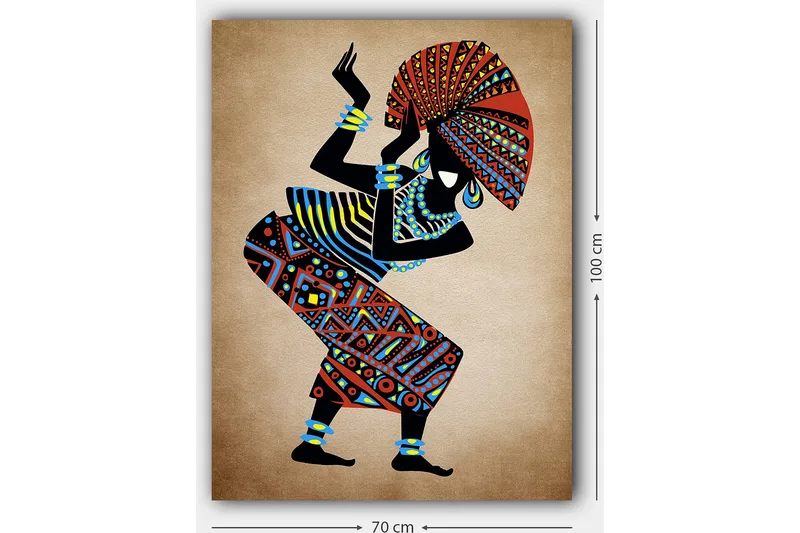 Canvas taulu 70x100 cm - Tyylitelty nainen perinteisissä vaatteissa tanssimassa suuren hatun kanssa - Punainen / Sininen / Musta - Sisustustuotteet - Taulu & taide - Canvas-taulu