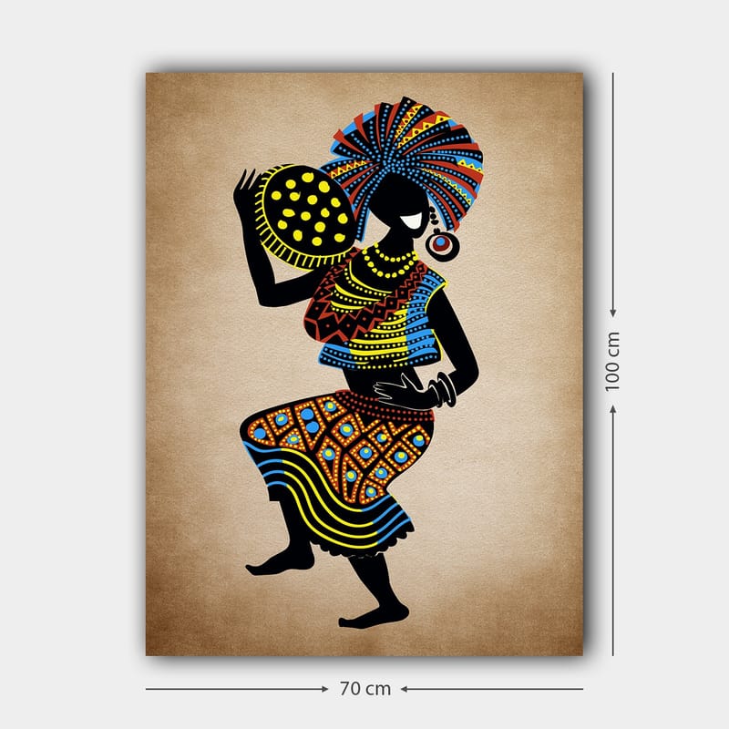 Canvas taulu 70x100 cm - Tyylitelty nainen perinteisessä asussa, yllään suuri päähine ja pilkullinen kulho - Musta / Sininen / Oranssi - Sisustustuotteet - Taulu & taide - Canvas-taulu