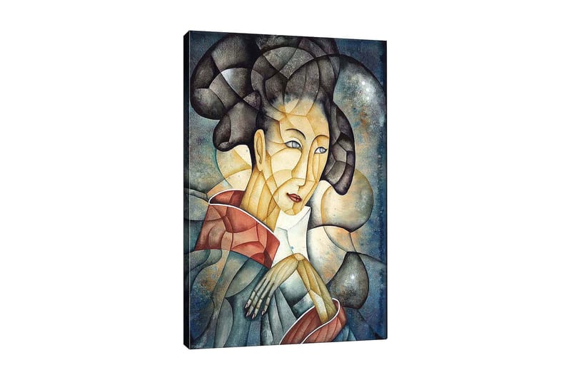 Canvas taulu 70x100 cm - Tyylitelty nainen perinteisissä vaatteissa ja harkitussa asennossa, Tummansininen / Beige / Punainen