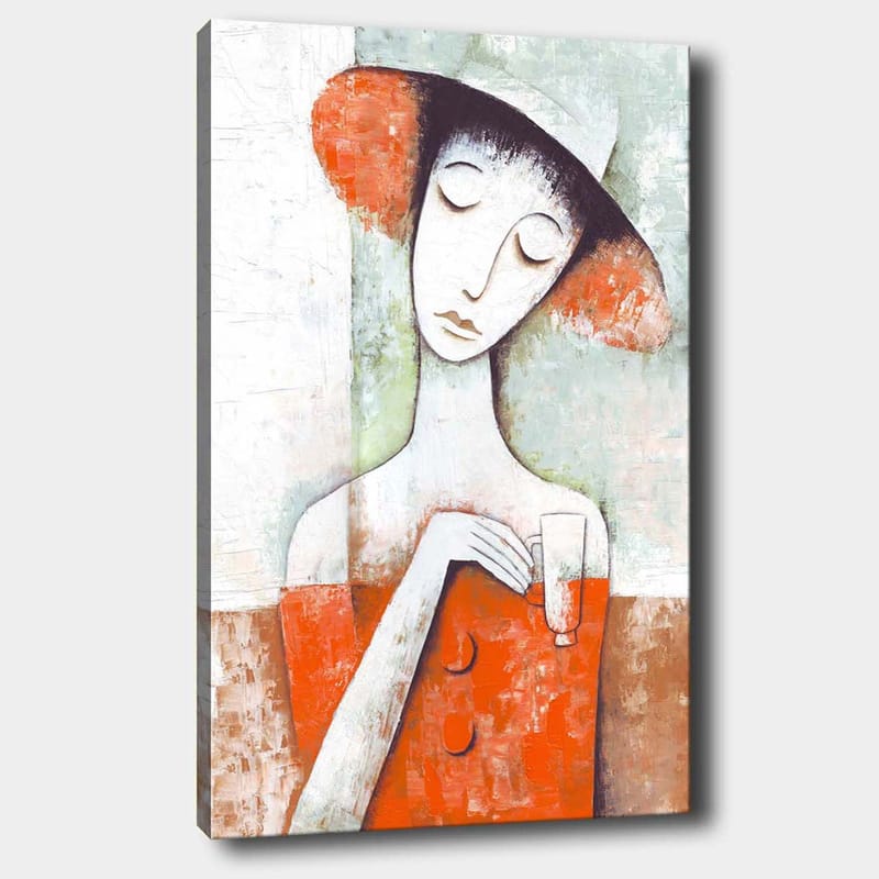 Canvas taulu 70x100 cm - Tyylitelty nainen punaisessa mekossa ja hatussa, lasi kädessään, Punainen / Valkoinen / Vihreä