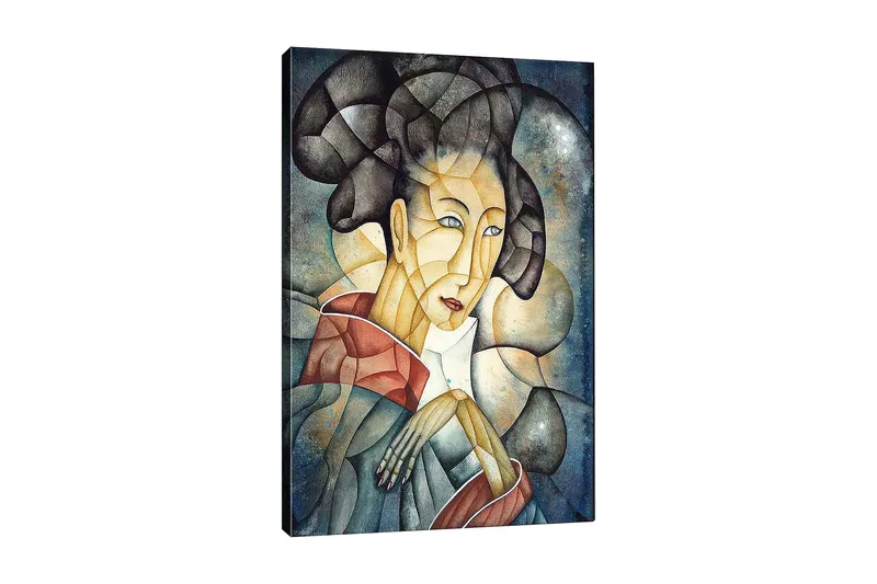 Canvas taulu 70x100 cm - Tyylitelty nainen perinteisissä vaatteissa ja harkitussa asennossa, Tummansininen / Beige / Punainen