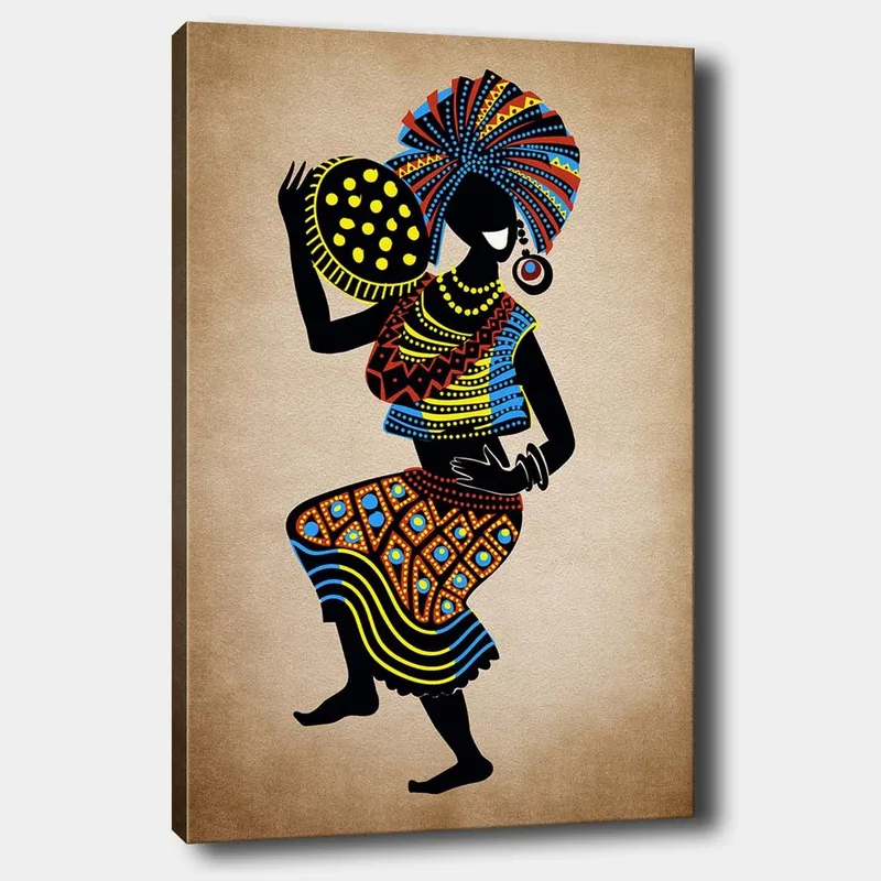 Canvas taulu 70x100 cm - Tyylitelty nainen perinteisessä asussa, yllään suuri päähine ja pilkullinen kulho - Musta / Sininen / Oranssi - Sisustustuotteet - Taulu & taide - Canvas-taulu