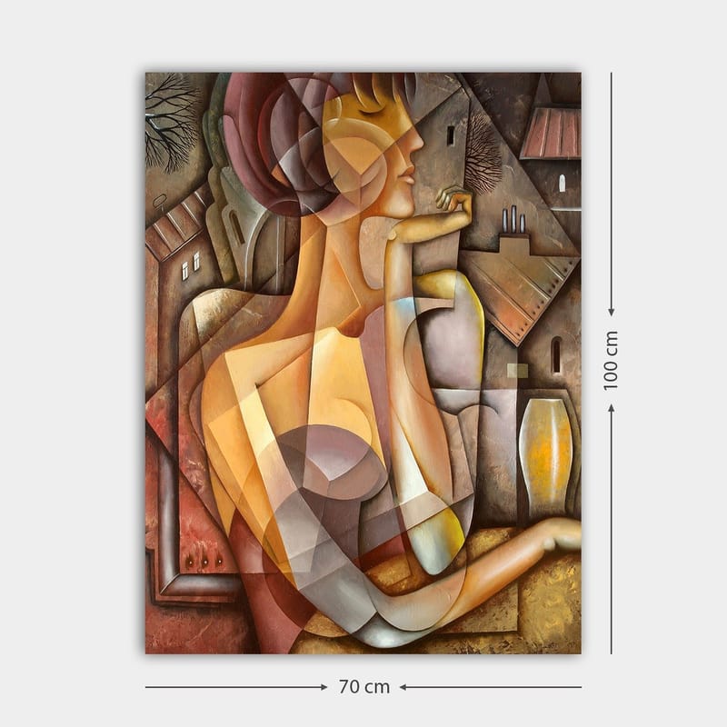 Canvas taulu 70x100 cm - Tyylitelty nainen pehmeällä ja harmonisella olemuksella abstraktissa sommitelmassa - Beige / Ruskea / Terrakotta - Sisustustuotteet - Taulu & taide - Canvas-taulu