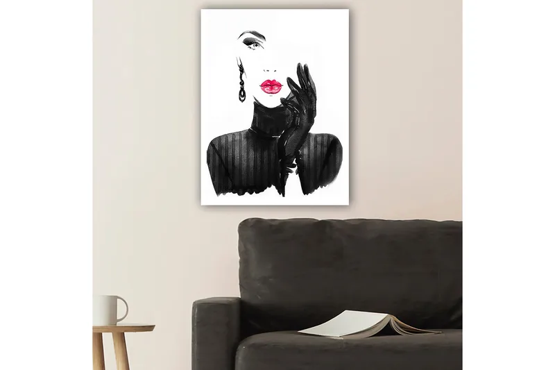 Canvas taulu 70x100 cm - Tyylitelty nainen punaisella huulipunalla ja mustilla hanskoilla - Musta / Punainen - Sisustustuotteet - Taulu & taide - Canvas-taulu