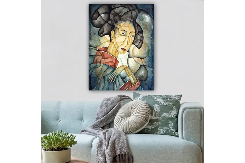 Canvas taulu 70x100 cm - Tyylitelty nainen perinteisissä vaatteissa ja harkitussa asennossa - Tummansininen / Beige / Punainen - Sisustustuotteet - Taulu & taide - Canvas-taulu