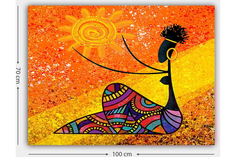 Canvas taulu 70x100 cm - Tyylitelty nainen pitelee aurinkoa kädessään värikkäiden kuvioiden ympäröimänä - Oranssi / Musta / Violetti - Sisustustuotteet - Taulu & taide - Canvas-taulu