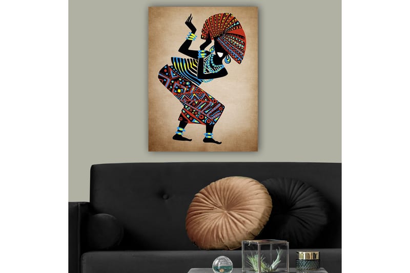 Canvas taulu 70x100 cm - Tyylitelty nainen perinteisissä vaatteissa tanssimassa suuren hatun kanssa - Punainen / Sininen / Musta - Sisustustuotteet - Taulu & taide - Canvas-taulu