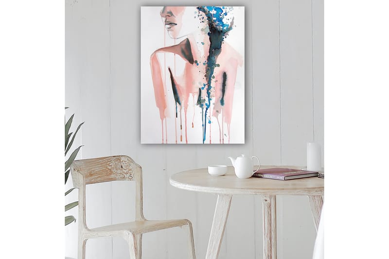 Canvas taulu 70x100 cm - Tyylitelty naisen siluetti alaspäin virtaavilla värillisillä pisaroilla, Vaaleanpunainen / Sininen / Musta