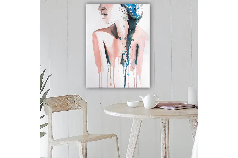 Canvas taulu 70x100 cm - Tyylitelty naisen siluetti alaspäin virtaavilla värillisillä pisaroilla, Vaaleanpunainen / Sininen / Musta