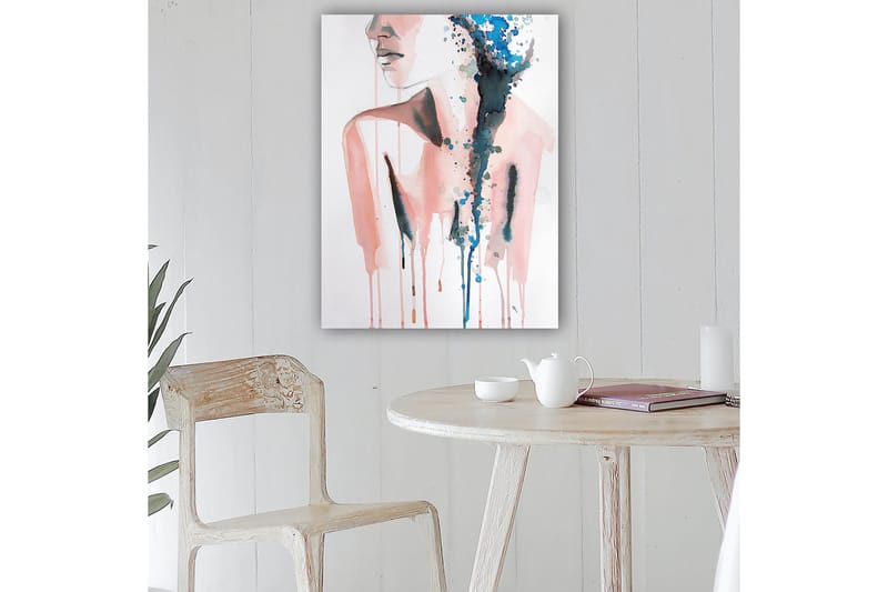 Canvas taulu 70x100 cm - Tyylitelty naisen siluetti alaspäin virtaavilla värillisillä pisaroilla, Vaaleanpunainen / Sininen / Musta