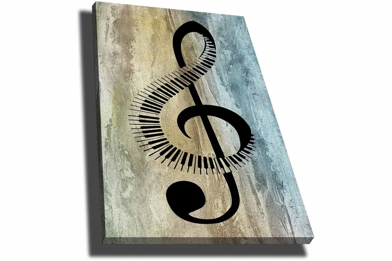 Canvas taulu 70x100 cm - Tyylitelty nuottisymboli koskettimien yksityiskohdilla abstraktilla taustalla - Musta / Harmaa / Beige - Sisustustuotteet - Taulu & taide - Canvas-taulu