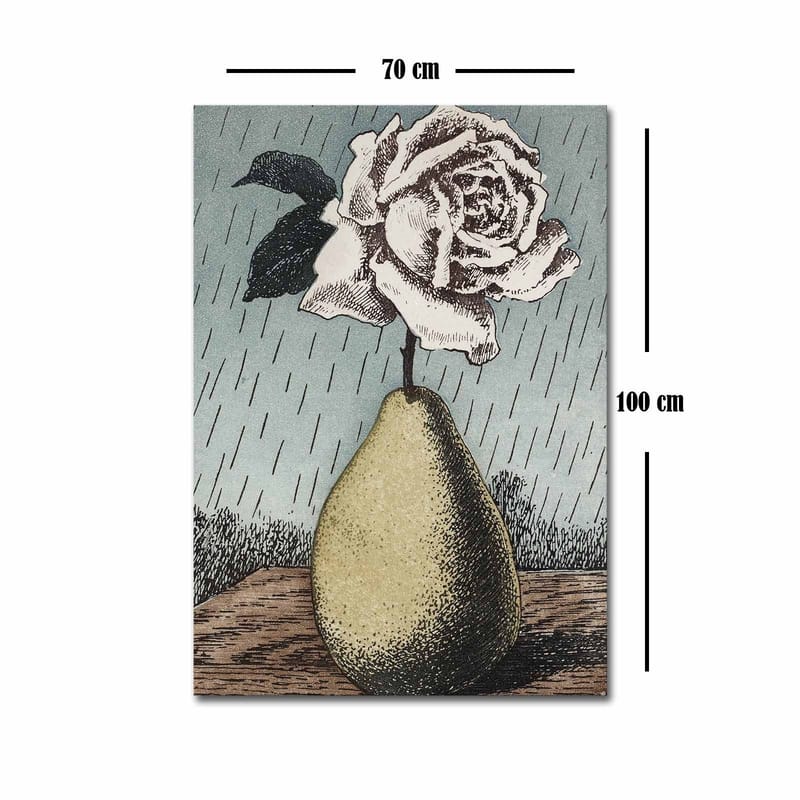 Canvas taulu 70x100 cm - Tyylitelty ruusu päärynänmuotoisessa maljakossa, sadepisaroiden ympäröimänä - Vihreä / Vaaleanpunainen / Sininen - Sisustustuotteet - Taulu & taide - Canvas-taulu