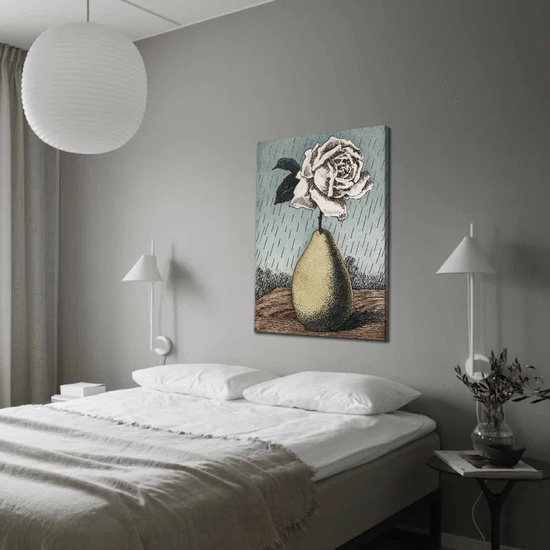 Canvas taulu 70x100 cm - Tyylitelty ruusu päärynänmuotoisessa maljakossa, sadepisaroiden ympäröimänä, Vihreä / Vaaleanpunainen / Sininen