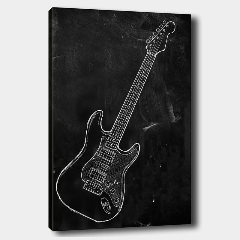 Canvas taulu 70x100 cm - Tyylitelty sähkökitara liidulla mustalla taustalla, Musta / Valkoinen
