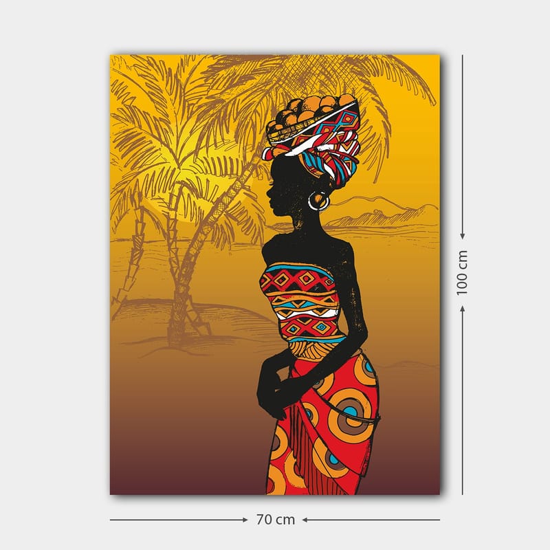 Canvas taulu 70x100 cm - Tyylitelty siluetti naisesta perinteisissä vaatteissa ja hedelmissä päässään, palmujen ympäröimänä aurinkoisessa ympäristössä - Musta / Punainen / Oranssi - Sisustustuotteet - Taulu & taide - Canvas-taulu