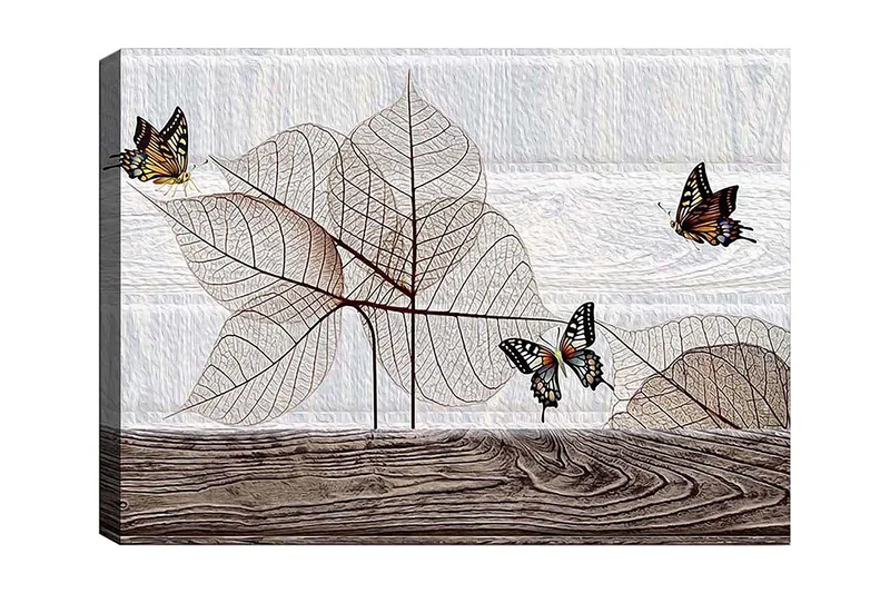 Canvas taulu 70x100 cm - Tyylitelty sommitelma perhosista leijumassa läpikuultavien lehtien yllä puupinnalla, Beige / Ruskea / Musta